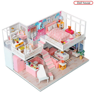 Beautiful Pink Miniaturas Doll House Handmade 3D Miniaturas Dollhouse Furniture Toys Children DIY Assemble House Toys Gifts