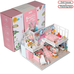 Beautiful Pink Miniaturas Doll House Handmade 3D Miniaturas Dollhouse Furniture Toys Children DIY Assemble House Toys Gifts