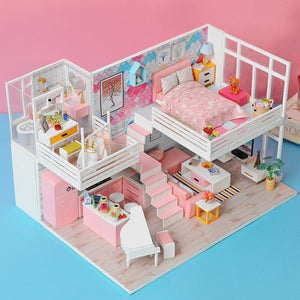 Beautiful Pink Miniaturas Doll House Handmade 3D Miniaturas Dollhouse Furniture Toys Children DIY Assemble House Toys Gifts