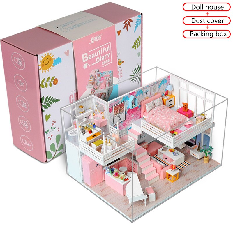 Beautiful Pink Miniaturas Doll House Handmade 3D Miniaturas Dollhouse Furniture Toys Children DIY Assemble House Toys Gifts