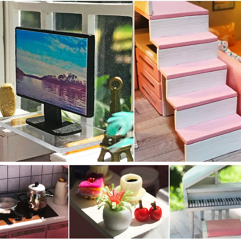 Beautiful Pink Miniaturas Doll House Handmade 3D Miniaturas Dollhouse Furniture Toys Children DIY Assemble House Toys Gifts