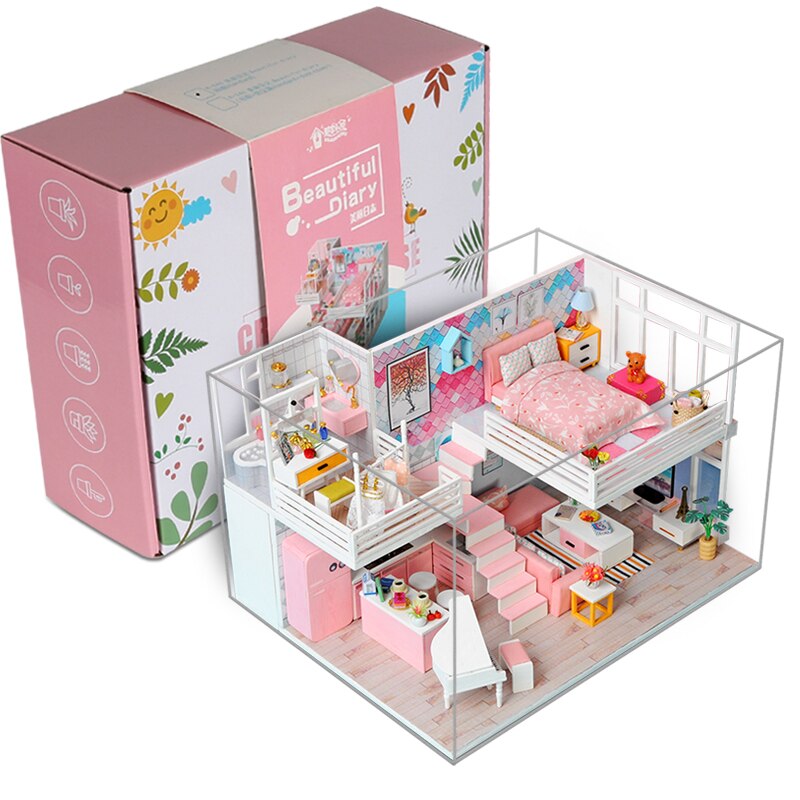 Beautiful Pink Miniaturas Doll House Handmade 3D Miniaturas Dollhouse Furniture Toys Children DIY Assemble House Toys Gifts