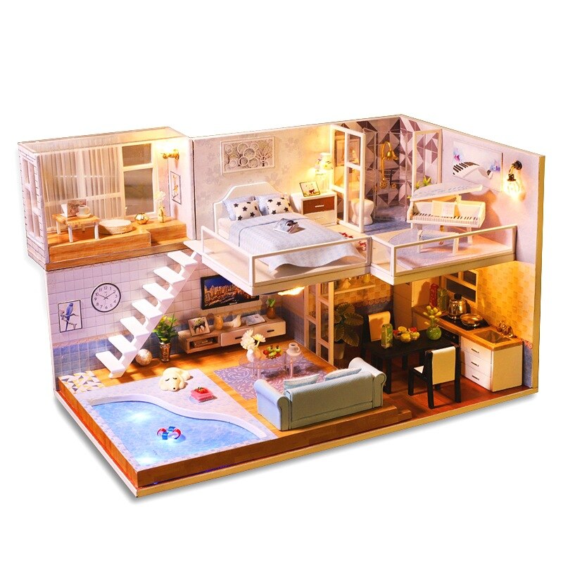 DIY Building Blocks Dollhouse Wooden Toys Doll Houses Miniature Doll House Furniture Kit Casa Toys For Children