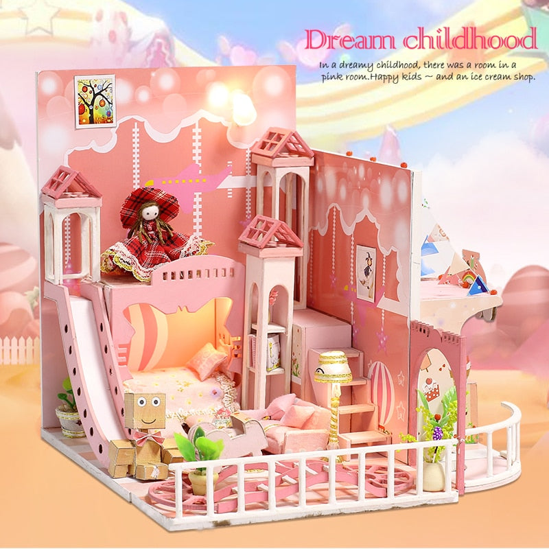 Dream Childhood Pink Doll House 3D Miniatures Dollhouse Toys Children DIY Mini Princess Wooden House Furniture Kit For Girls