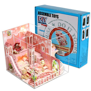 Dream Childhood Pink Doll House 3D Miniatures Dollhouse Toys Children DIY Mini Princess Wooden House Furniture Kit For Girls