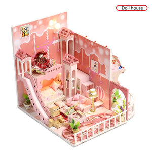 Dream Childhood Pink Doll House 3D Miniatures Dollhouse Toys Children DIY Mini Princess Wooden House Furniture Kit For Girls