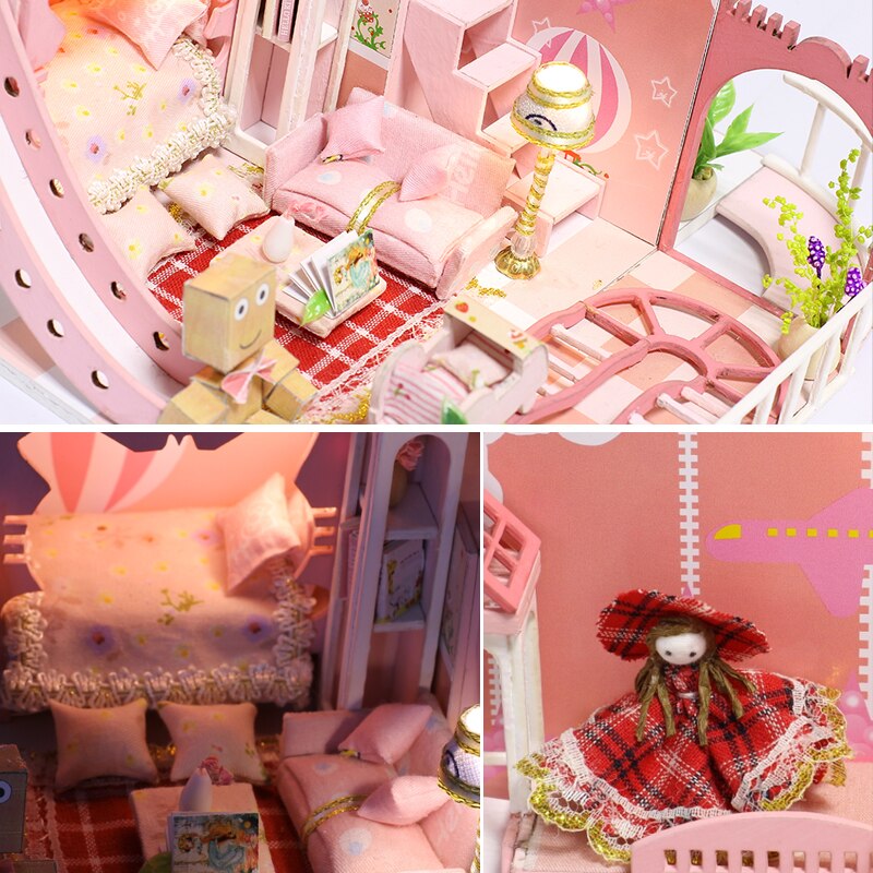 Dream Childhood Pink Doll House 3D Miniatures Dollhouse Toys Children DIY Mini Princess Wooden House Furniture Kit For Girls