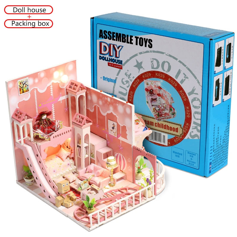 Dream Childhood Pink Doll House 3D Miniatures Dollhouse Toys Children DIY Mini Princess Wooden House Furniture Kit For Girls