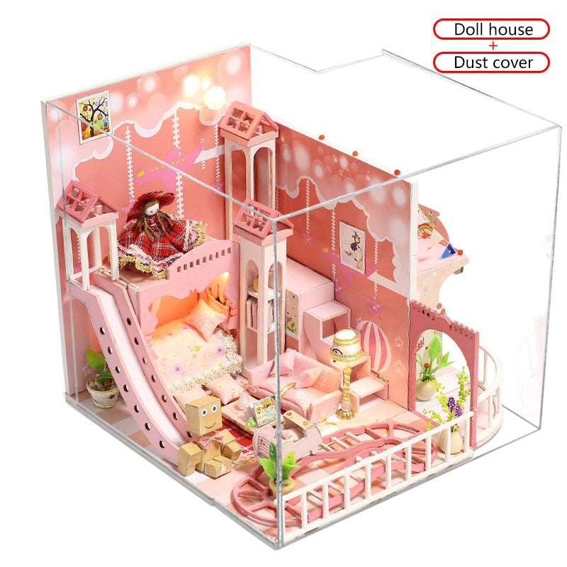 Dream Childhood Pink Doll House 3D Miniatures Dollhouse Toys Children DIY Mini Princess Wooden House Furniture Kit For Girls