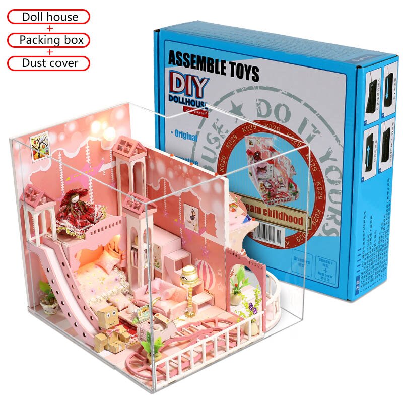 Dream Childhood Pink Doll House 3D Miniatures Dollhouse Toys Children DIY Mini Princess Wooden House Furniture Kit For Girls