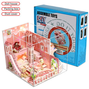 Dream Childhood Pink Doll House 3D Miniatures Dollhouse Toys Children DIY Mini Princess Wooden House Furniture Kit For Girls