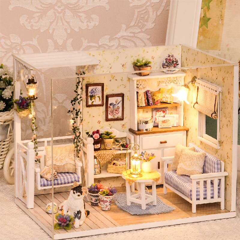 Kitten Diary Doll House Miniature Model Dust Cover 3D Wooden Furniture DIY Dollhouse Xmas Gifts Toys For Children