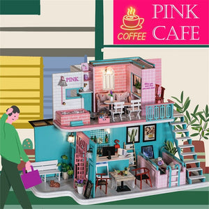 Pink Coffee Doll House Children DIY Furniture Miniaturas Dollhouse Toys Handmade 3D Miniatures Dollhouses For Children Gifts