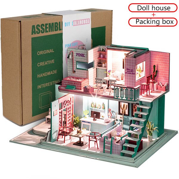 Pink Coffee Doll House Children DIY Furniture Miniaturas Dollhouse Toys Handmade 3D Miniatures Dollhouses For Children Gifts