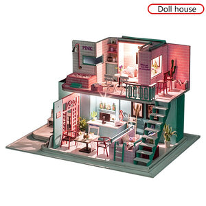 Pink Coffee Doll House Children DIY Furniture Miniaturas Dollhouse Toys Handmade 3D Miniatures Dollhouses For Children Gifts