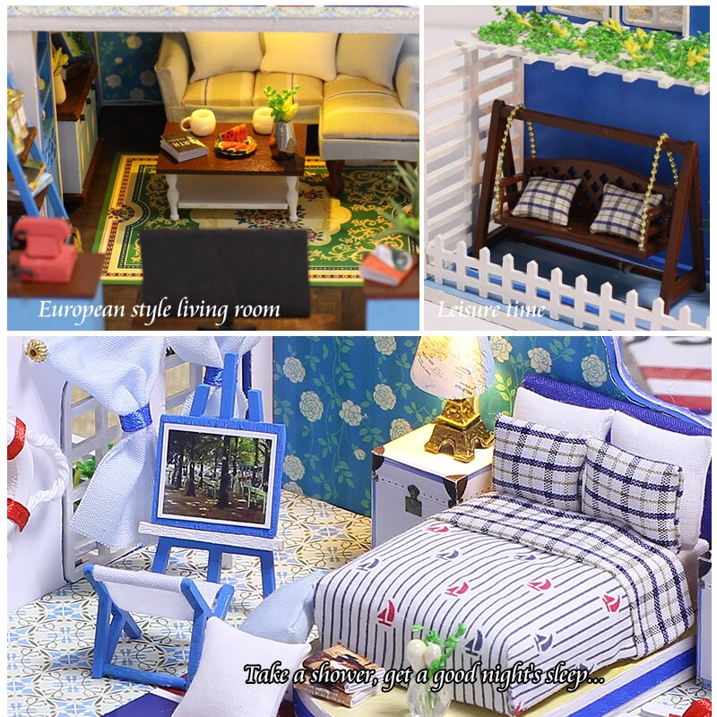 Romantic 3D Miniature Dollhouse DIY Ocean View Doll House Furniture Kit Wooden House Miniaturas Toys With Lamp For Children Gift