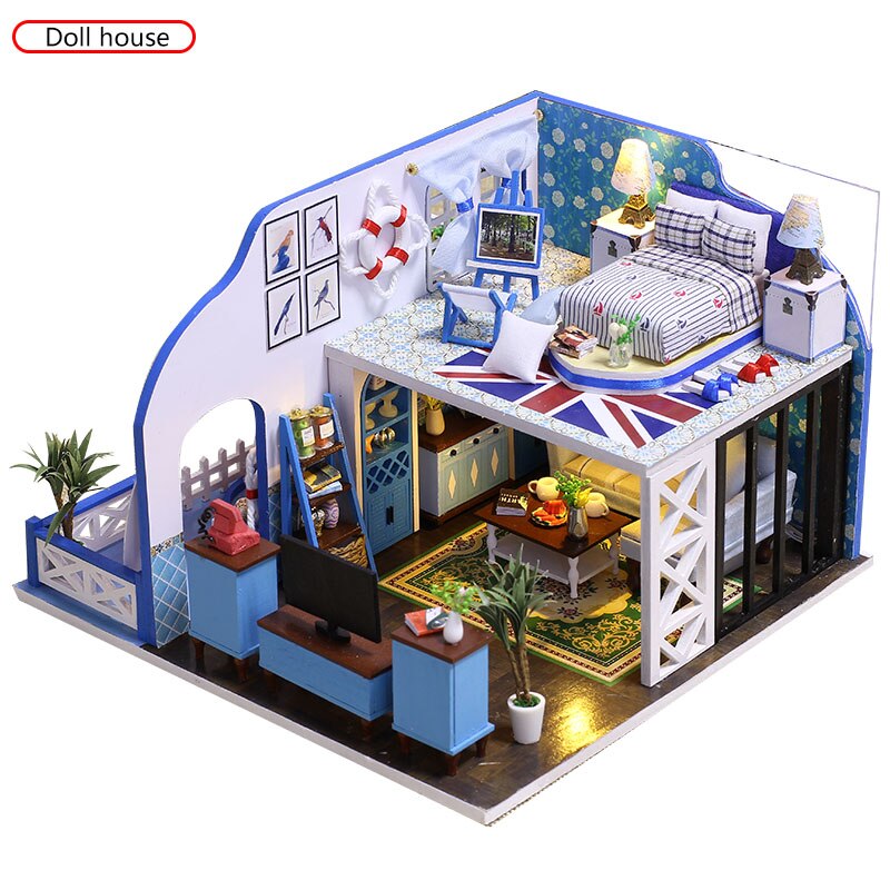 Romantic 3D Miniature Dollhouse DIY Ocean View Doll House Furniture Kit Wooden House Miniaturas Toys With Lamp For Children Gift