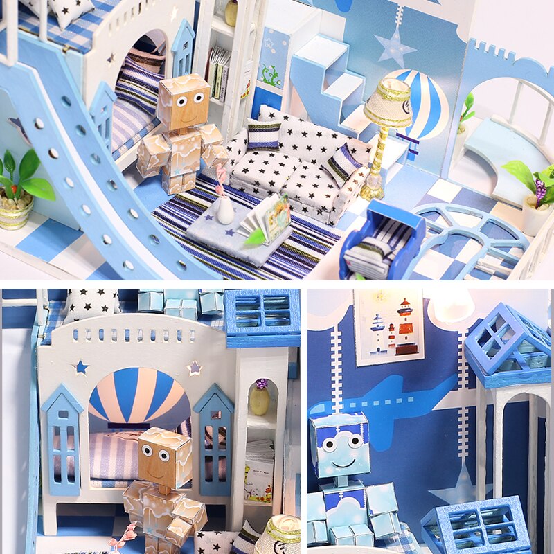 Romantic Blue Doll House DIY 3D Miniatures Dollhouse Furniture Kit Toys Children Mini Prince Wooden House Assemble Toys For Kids