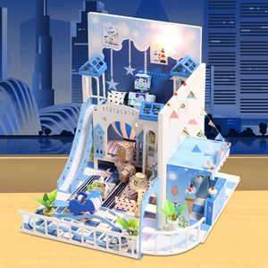 Romantic Blue Doll House DIY 3D Miniatures Dollhouse Furniture Kit Toys Children Mini Prince Wooden House Assemble Toys For Kids