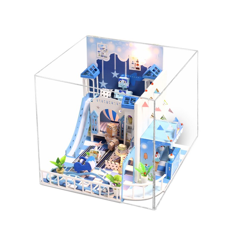 Romantic Blue Doll House DIY 3D Miniatures Dollhouse Furniture Kit Toys Children Mini Prince Wooden House Assemble Toys For Kids