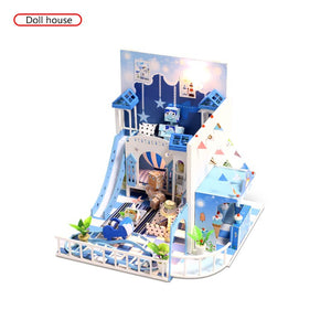 Romantic Blue Doll House DIY 3D Miniatures Dollhouse Furniture Kit Toys Children Mini Prince Wooden House Assemble Toys For Kids