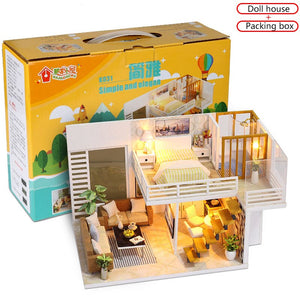 Simple and Elegant Doll House DIY 3D Miniatures Dollhouse Furniture Kits Toys Miniaturas Loft House With Led Light Dust Cover