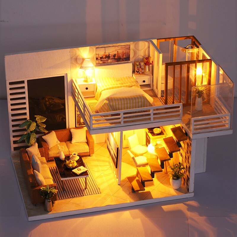 Simple and Elegant Doll House DIY 3D Miniatures Dollhouse Furniture Kits Toys Miniaturas Loft House With Led Light Dust Cover