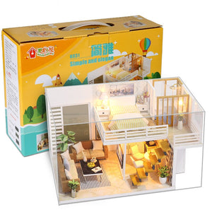 Simple and Elegant Doll House DIY 3D Miniatures Dollhouse Furniture Kits Toys Miniaturas Loft House With Led Light Dust Cover