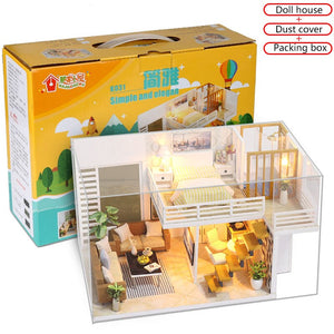 Simple and Elegant Doll House DIY 3D Miniatures Dollhouse Furniture Kits Toys Miniaturas Loft House With Led Light Dust Cover