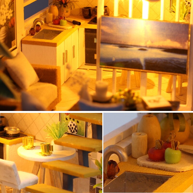 Simple and Elegant Doll House DIY 3D Miniatures Dollhouse Furniture Kits Toys Miniaturas Loft House With Led Light Dust Cover