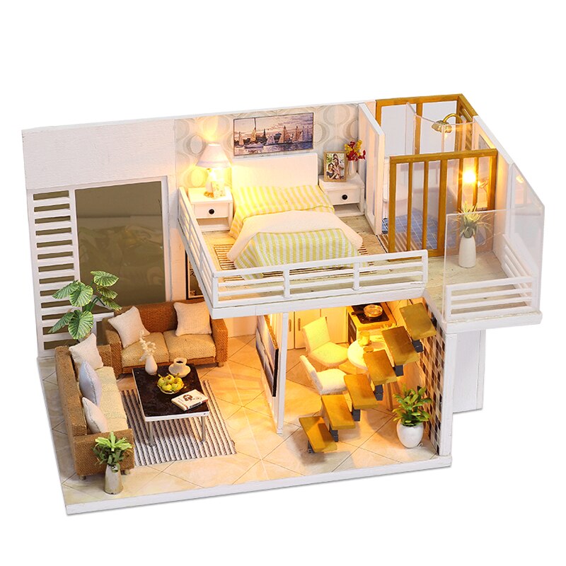 Simple and Elegant Doll House DIY 3D Miniatures Dollhouse Furniture Kits Toys Miniaturas Loft House With Led Light Dust Cover