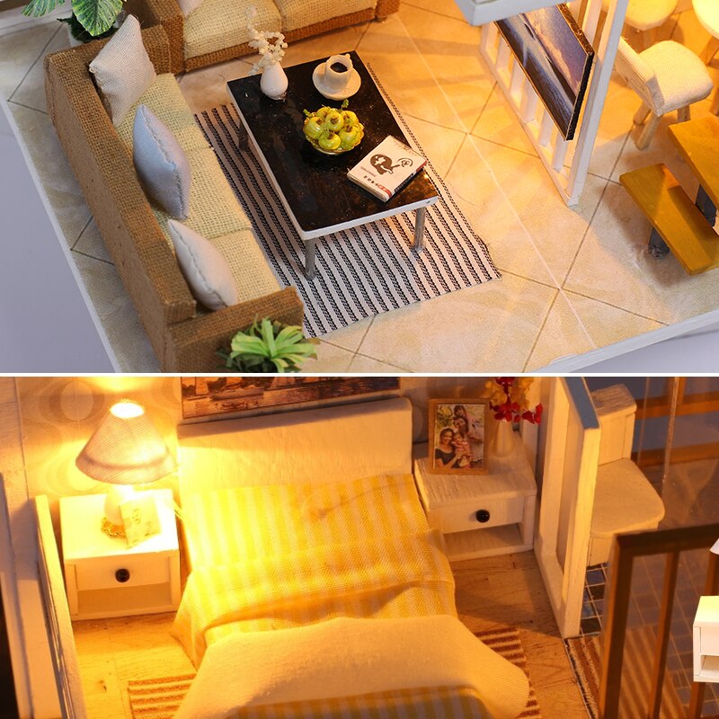 Simple and Elegant Doll House DIY 3D Miniatures Dollhouse Furniture Kits Toys Miniaturas Loft House With Led Light Dust Cover