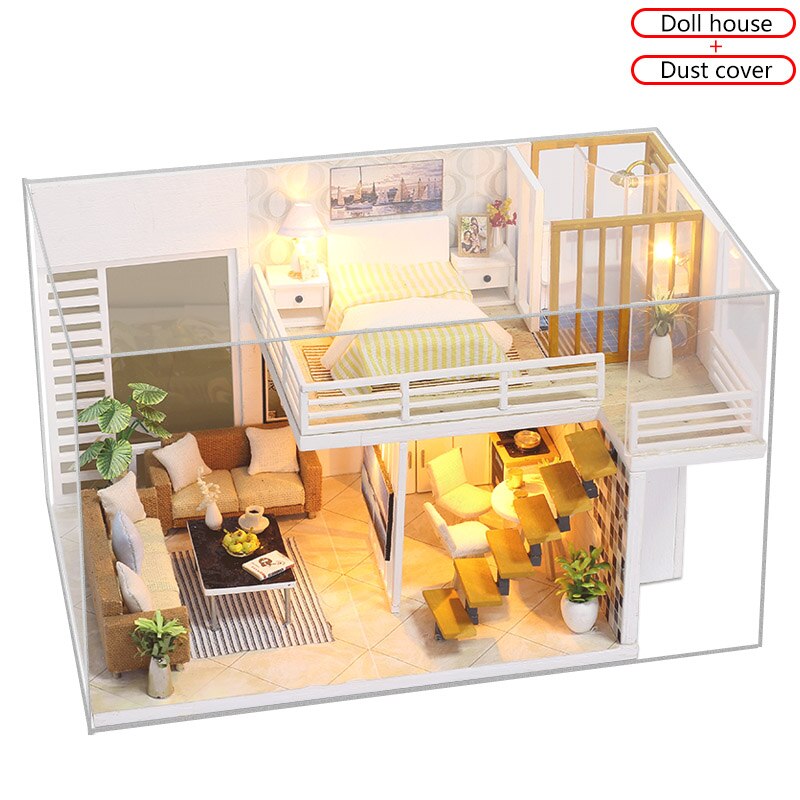 Simple and Elegant Doll House DIY 3D Miniatures Dollhouse Furniture Kits Toys Miniaturas Loft House With Led Light Dust Cover