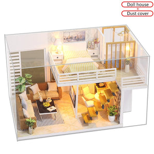 Simple and Elegant Doll House DIY 3D Miniatures Dollhouse Furniture Kits Toys Miniaturas Loft House With Led Light Dust Cover