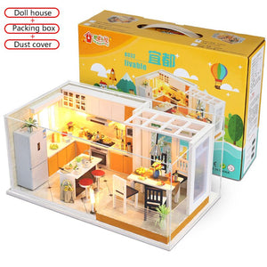 Simplicity Miniaturas Doll House DIY 3D Furniture Miniatures Dollhouse Toys Kitchen House With Led Light Gift box For Children