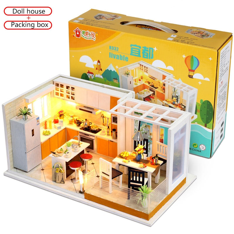 Simplicity Miniaturas Doll House DIY 3D Furniture Miniatures Dollhouse Toys Kitchen House With Led Light Gift box For Children