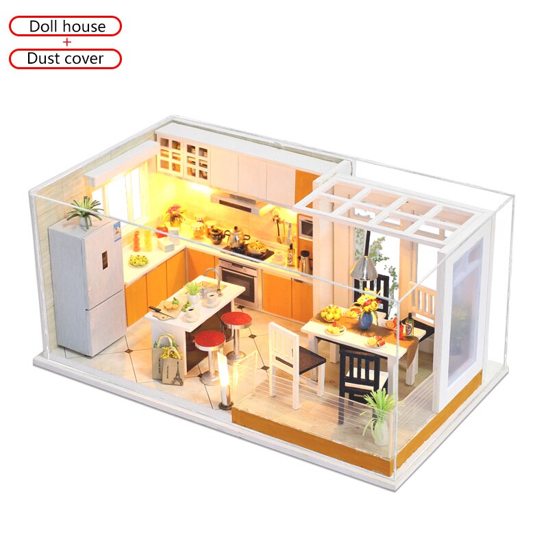 Simplicity Miniaturas Doll House DIY 3D Furniture Miniatures Dollhouse Toys Kitchen House With Led Light Gift box For Children