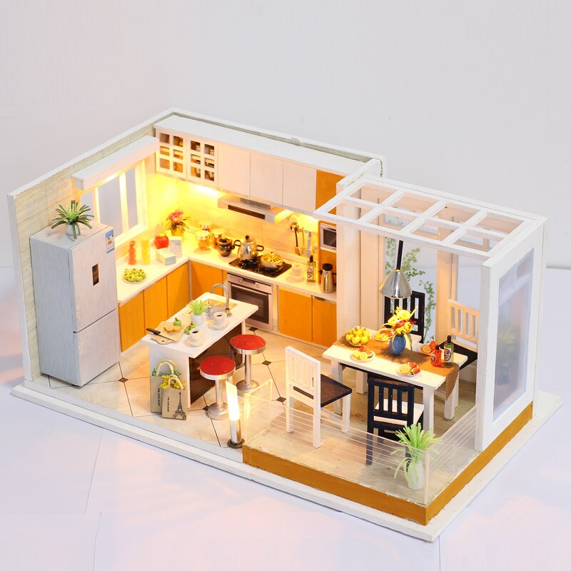 Simplicity Miniaturas Doll House DIY 3D Furniture Miniatures Dollhouse Toys Kitchen House With Led Light Gift box For Children