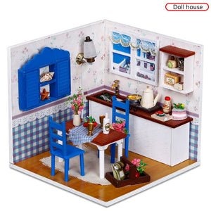 Warm Coffee Time Doll House Furniture 3D Miniatures Dollhouse Toys Children DIY Assemble Wooden Coffee House  Box For Children