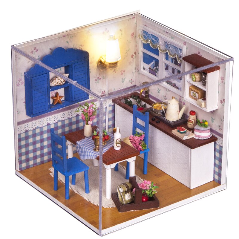 Warm Coffee Time Doll House Furniture 3D Miniatures Dollhouse Toys Children DIY Assemble Wooden Coffee House  Box For Children