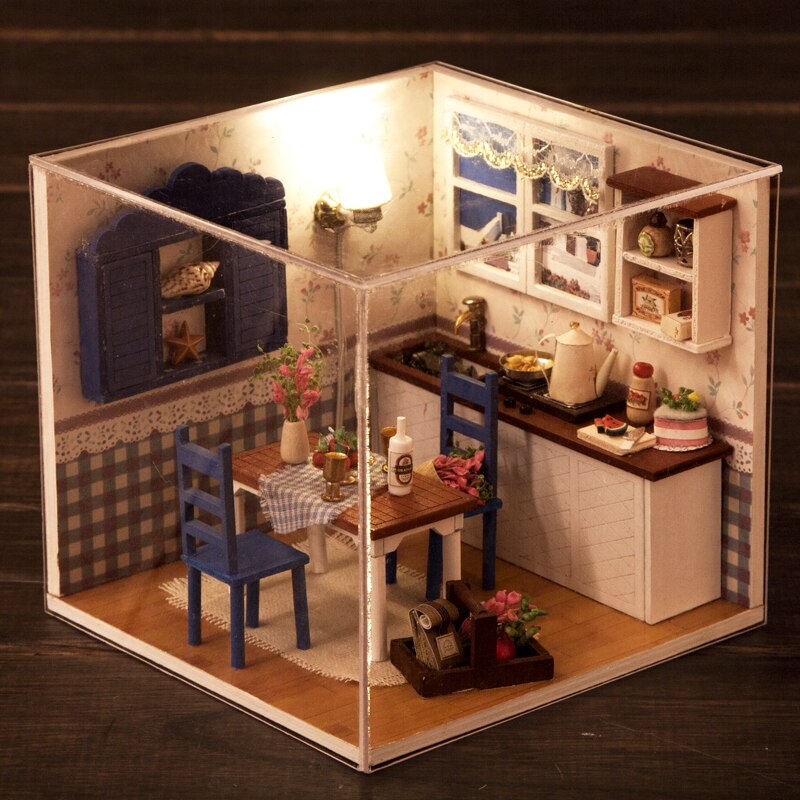 Warm Coffee Time Doll House Furniture 3D Miniatures Dollhouse Toys Children DIY Assemble Wooden Coffee House  Box For Children